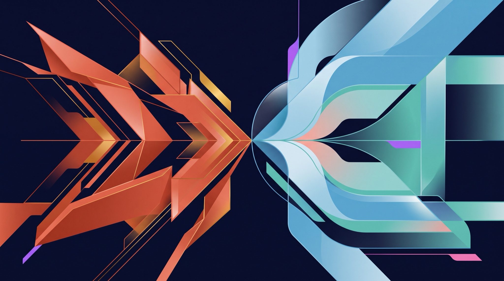 [PROMPT GÉNÉRATION IMAGE] Composition abstraite glossy nocturne, style glassmorphism, fond dégradé sombre profond allant de #080D26 à #0D1435, sans texte ni logo. Deux zones/moitiés visuellement distinctes mais reliées en symétrie : à gauche, des formes géométriques anguleuses et dynamiques dans les tons coral #E05537 évoquant l'exécution et l'action ; à droite, des formes fluides et structurées dans les tons sky #4AA8D8 et teal #52C9B4 évoquant le cadrage et la réflexion. Les deux ensembles de formes convergent et se rejoignent en miroir vers un point commun au centre de l'image, symbolisant une dualité complémentaire. Effet de verre translucide, reflets doux, lumière diffuse. Ratio large 16:9, haute résolution.