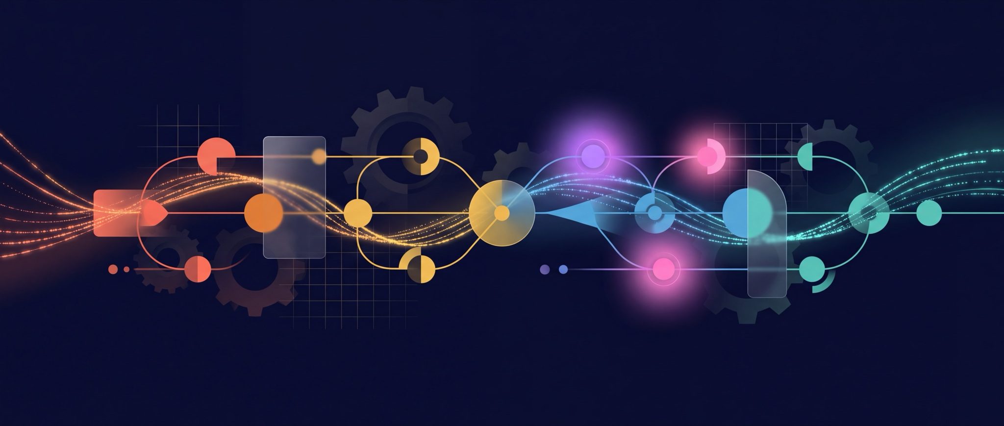 [PROMPT GÉNÉRATION IMAGE] Diagramme abstrait glossy nocturne en glassmorphism, fond sombre profond dégradé du #080D26 vers le #0D1435, représentant un pipeline orchestré en 9 étapes séquentielles : une chaîne de noeuds connectés par des flux de particules lumineuses et des lignes de connexion incurvées, progressant de gauche à droite à travers une palette de couleurs qui se transforme graduellement du coral chaud (#E05537) à l'amber (#E0812F) puis au gold (#EFC137) au centre-gauche, puis se refroidit vers le sky (#4AA8D8) et le teal (#52C9B4) à droite, avec quelques accents de violet (#A855F7) et de rose (#F472B6) en halo autour des noeuds intermédiaires pour suggérer croisement et validation ; effet de lumière diffuse, reflets glassy sur les noeuds sphériques, particules en mouvement suggérant un flux de données, engrenages abstraits semi-transparents en arrière-plan, aucun texte ni chiffre ni logo visible dans l'image, uniquement des formes géométriques et lumineuses ; format bandeau large ratio 21:9, haute résolution, rendu premium et immersif