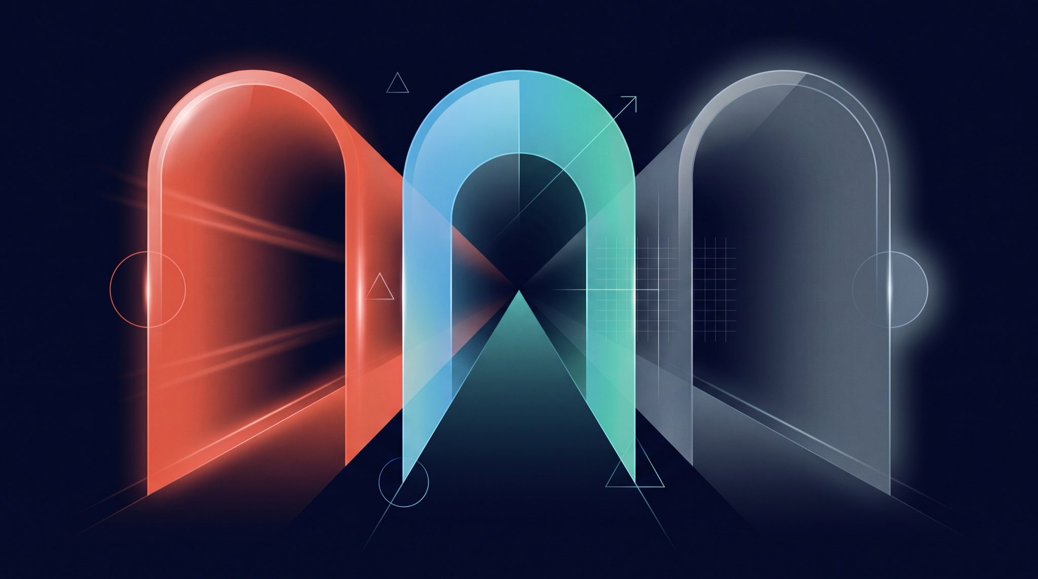 [PROMPT GÉNÉRATION IMAGE] Illustration abstraite glossy nocturne en glassmorphism, fond dégradé sombre profond du bleu-nuit #080D26 vers le bleu-marine #0D1435, sans aucun texte ni logo. Représentation conceptuelle de trois portes d'entrée : trois arches lumineuses stylisées ou trois faisceaux de lumière verticaux convergents vers un même point de fuite, chacun portant une teinte distincte et reconnaissable — la première arche en coral #E05537 (Agence, chantier exécuté), la deuxième arche en dégradé sky #4AA8D8 vers teal #52C9B4 (Conseil, cadrage stratégique), la troisième arche dans une teinte neutre et discrète, gris-bleu sourdine proche de #4A5568 avec un léger halo (Plateforme, en cours de déploiement). Rendu glossy, reflets doux, effet de profondeur et de transparence type verre dépoli, sans personnage humain, purement abstrait et suggestif. Format paysage 16:9, haute résolution.