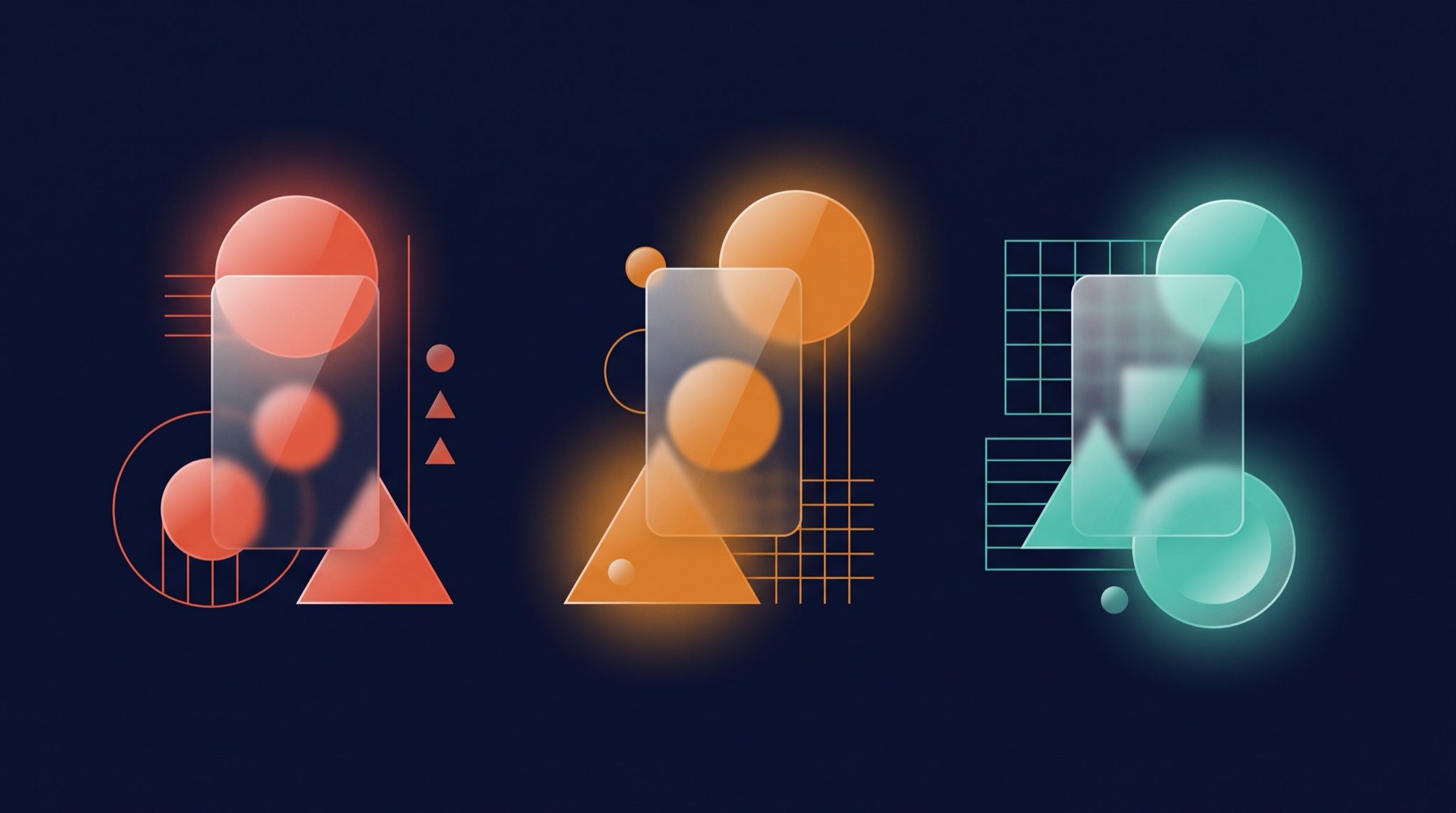 [PROMPT GÉNÉRATION IMAGE] Composition abstraite glossy nocturne en glassmorphism, fond dégradé sombre profond du bleu marine #080D26 vers le bleu nuit #0D1435, sans aucun texte ni logo. Trois zones distinctes en constellation lumineuse évoquant trois piliers stylisés flottant dans l'obscurité : une première forme géométrique fluide teintée corail #E05537 (symbolisant l'expertise humaine), une deuxième forme teintée ambre #E0812F (symbolisant la production orchestrée), une troisième forme teintée turquoise #52C9B4 (symbolisant la mesure). Halos lumineux doux et reflets glossy autour de chaque forme, textures de verre dépoli, ambiance premium et technologique évoquant un studio piloté par l'IA. Ratio large panoramique, haute résolution.